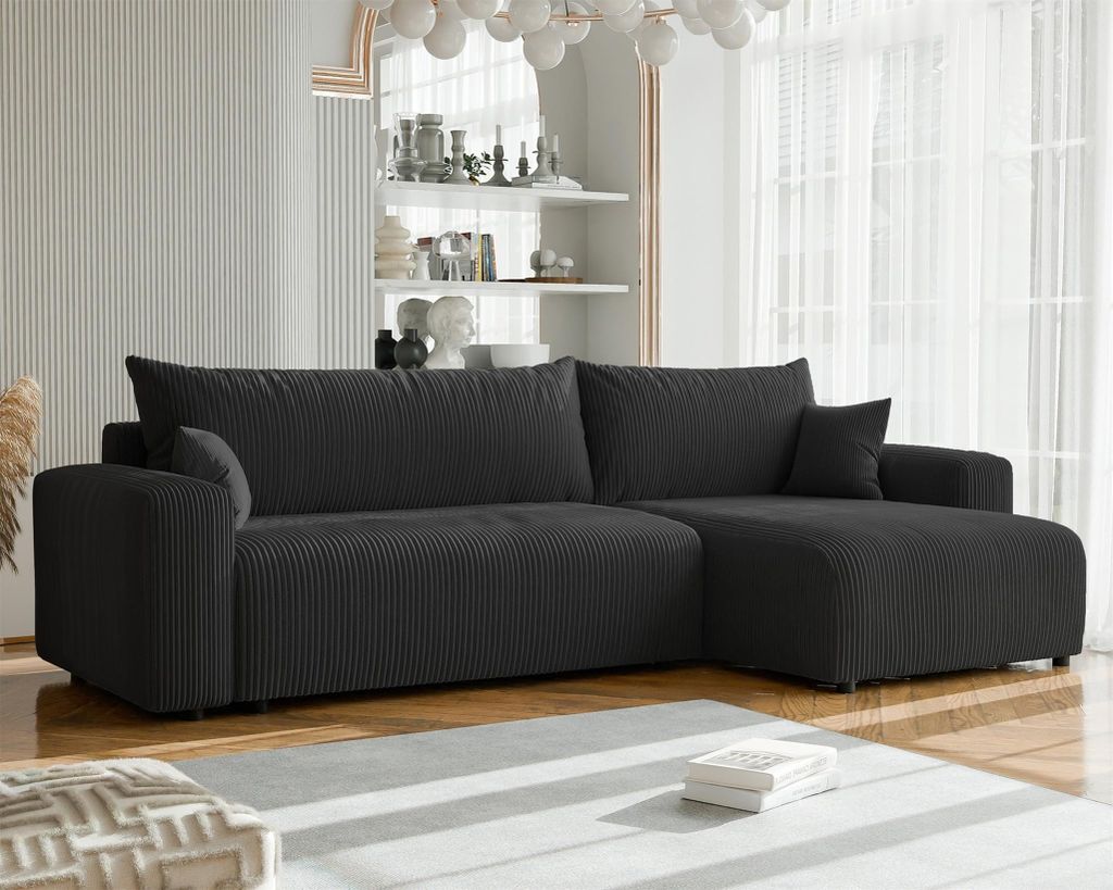 Ecksofa mit Schlaffunktion LUNA MAX in Stoff Poso Schwarz Ottomane Rechts