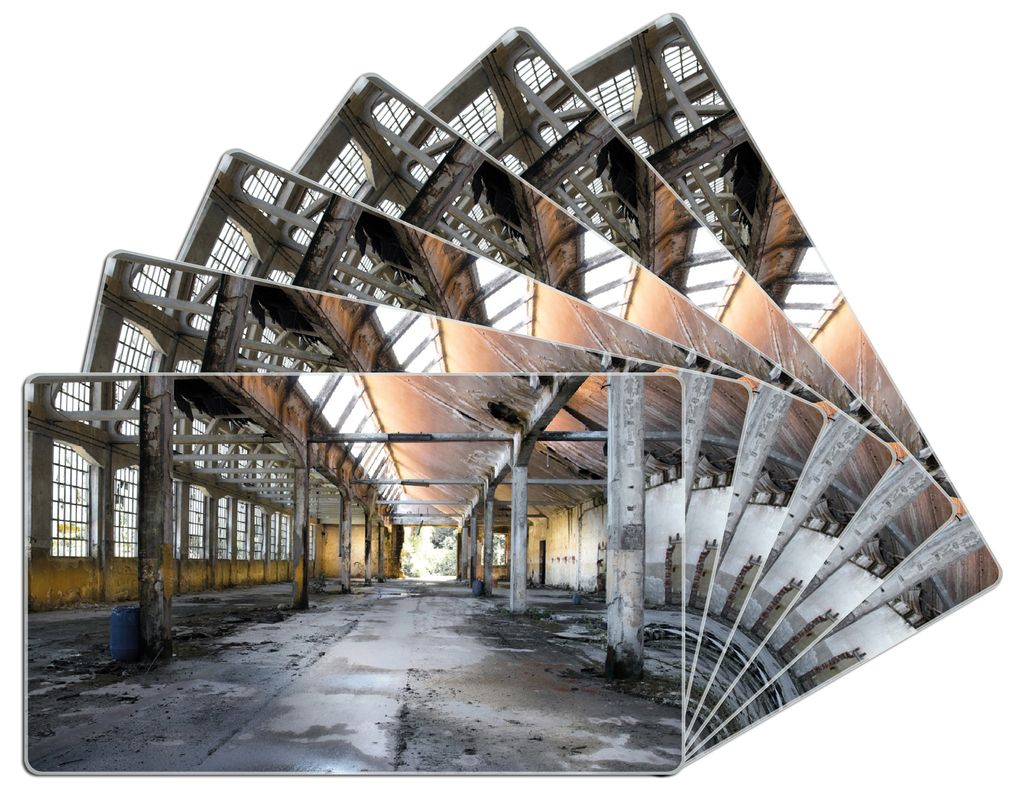 Wallario Frühstücksbrettchen 6er Set aus Glas, je 14 x 23 cm, mit rutschfesten Füßen, Motiv Alte Industriehalle leerstehend und einsam