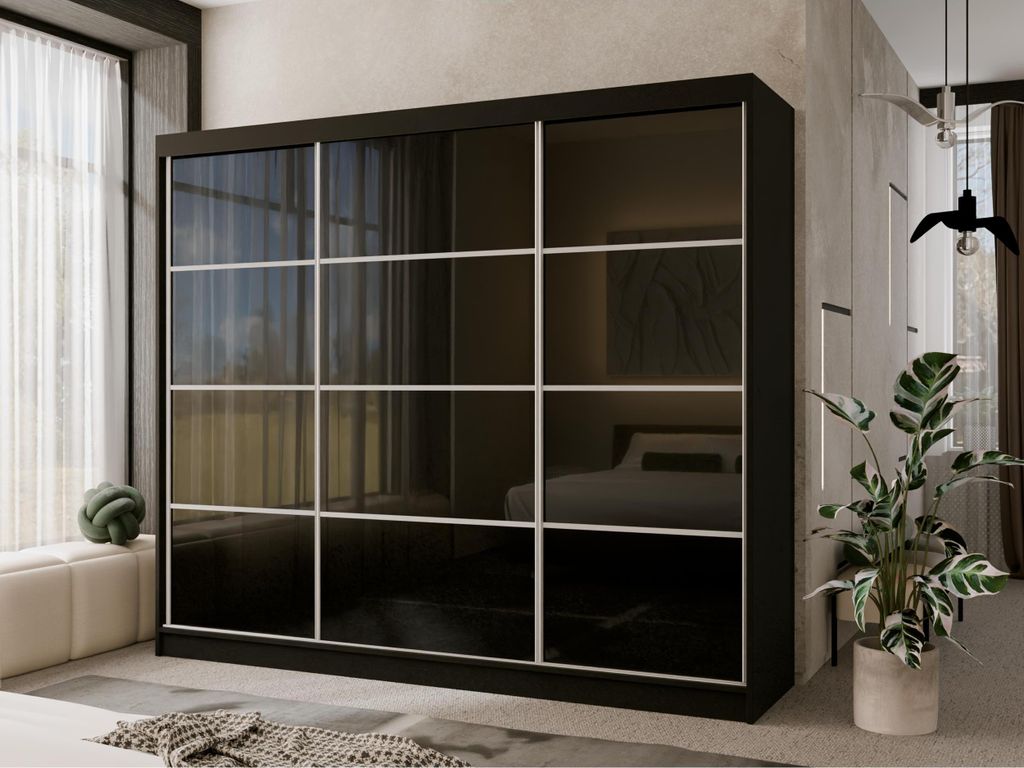 Eleganter Kleiderschrank mit Glasfronten Mira III 250 cm, 3-türiger schwarzer Schwebetürenschrank mit Ziersprossen, Kleiderschrank mit Einlegebö...