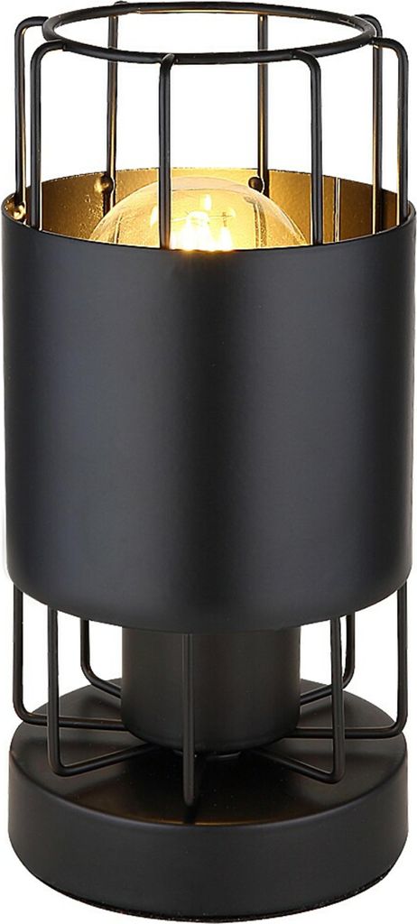 A black table lamp with a cage-like design and a gold interior.