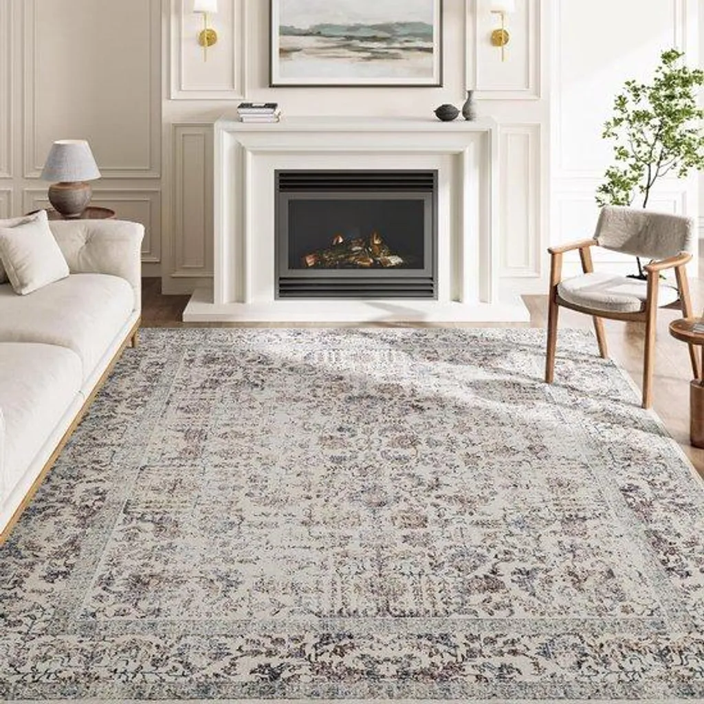 Grand tapis de salon effet vieilli 240x300 cm style floral classique