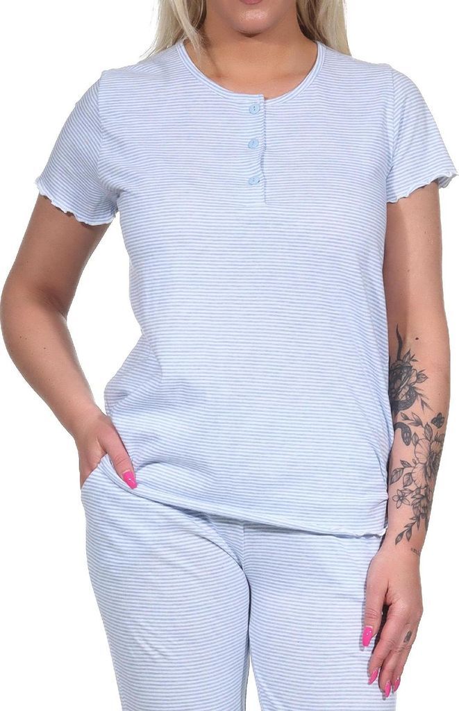 Damen kurzarm Schlafanzug Oberteil Pyjama Shirt Mix & Match in Streifenoptik ; hellblau , 48-50