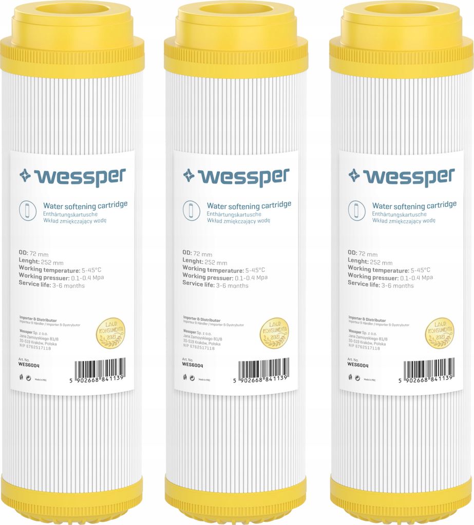 Three water softening filter cartridges are lined up against a white background.
