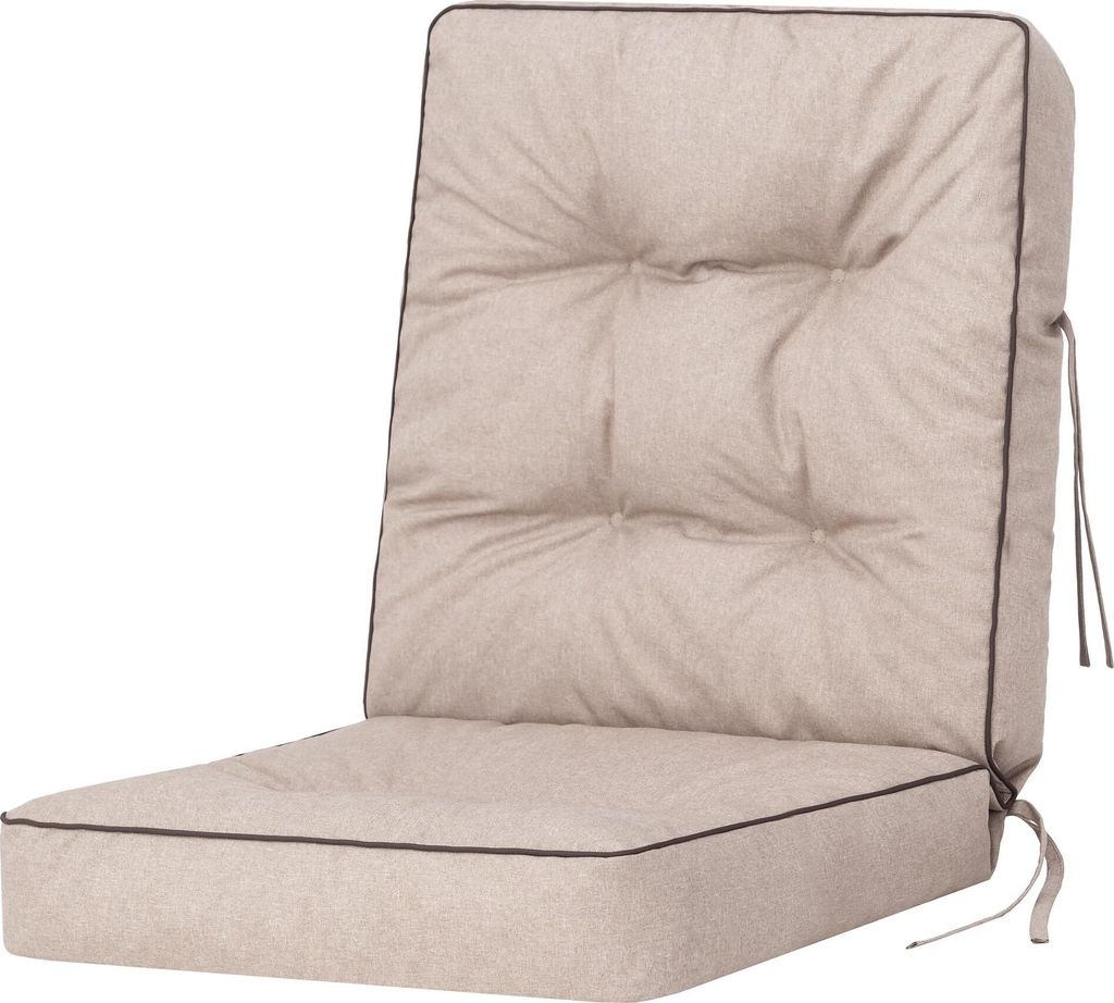 A single beige chair cushion with dark piping, shown against a white background.