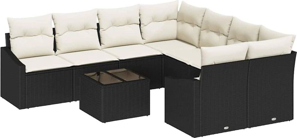 Sofa Set mit Kissen 9 pcs Schwarz und Creme Poly-Rattan