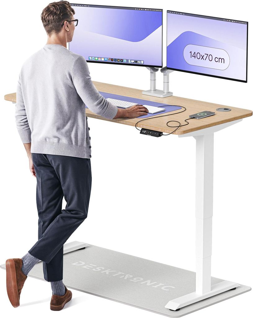 Desktronic HomePro Elektrisch höhenverstellbarer Schreibtisch 140x70cm Bambus/Weißmit Memory-Funktion, Anti-Kollisions Technologie, USB-A und USB...
