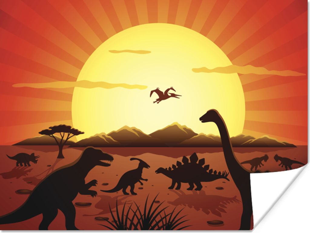 MuchoWow Poster Dino - Sonne - Natur - Zeichnung - Kinder - Jungen 120x90 cm - Wandbild