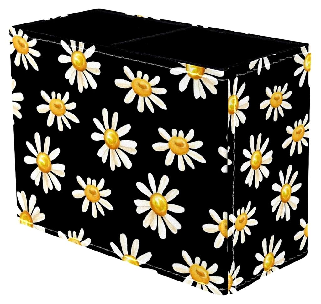 Stifthalter mit Little Daisy Flowers auf schwarzem Hintergrund, 2 Fächer, für Schreibtisch, Aufbewahrung von Stiften und Make-up-Pinseln, Organiz...