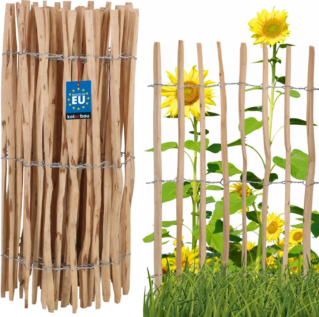 KOTARBAU Staketenzaun Rollzaun 5m aus Haselnusslatten für Pflanzen und Rasen 100 cm Kastanienzaun aus Haselnuss Holzzaun Gartenzaun Staketenabst...