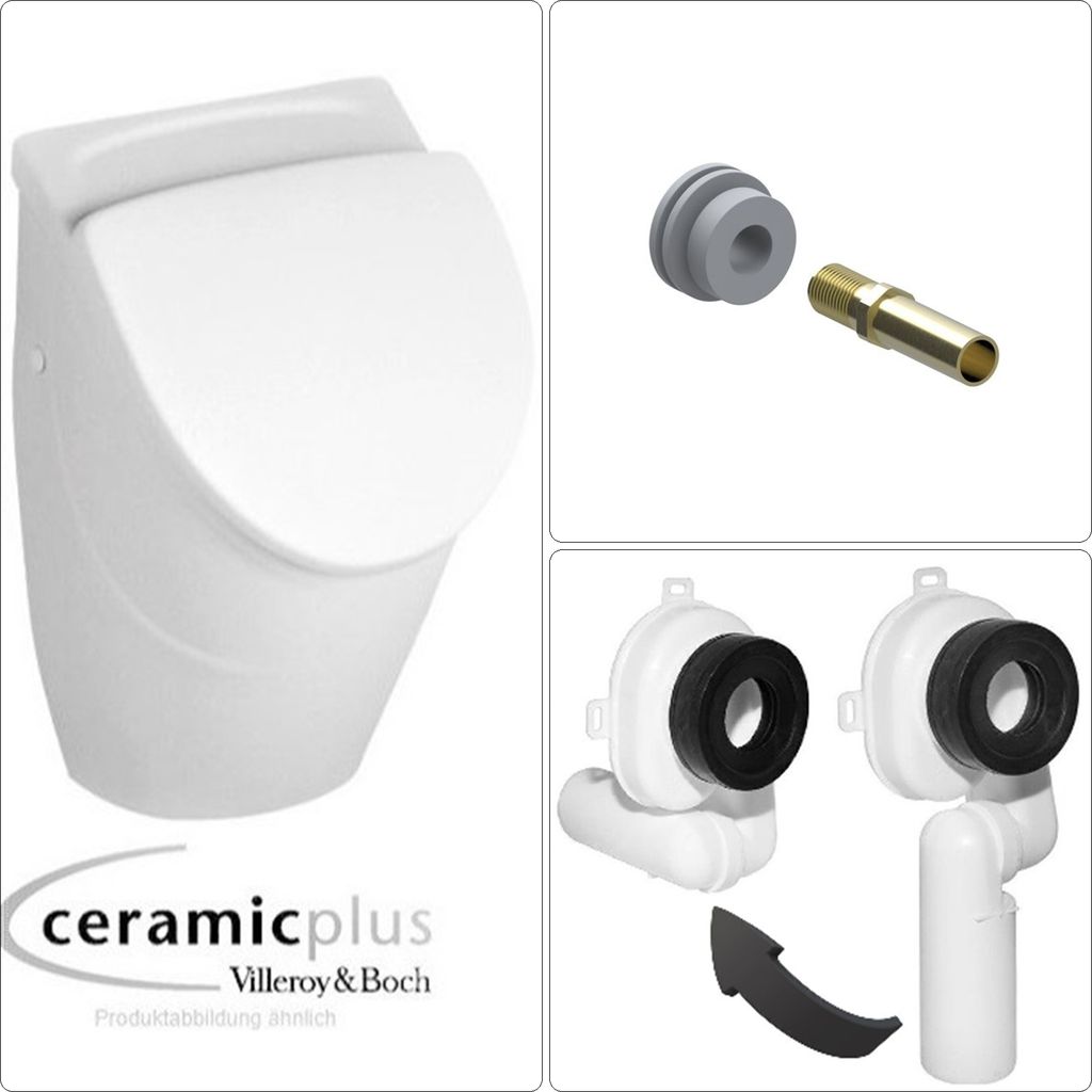 VILLEROY & BOCH O.NOVO Keramik Absaug Urinal mit CeramicPlus Beschichtung & Deckel, Ablauf- und Einlaufgarnitur