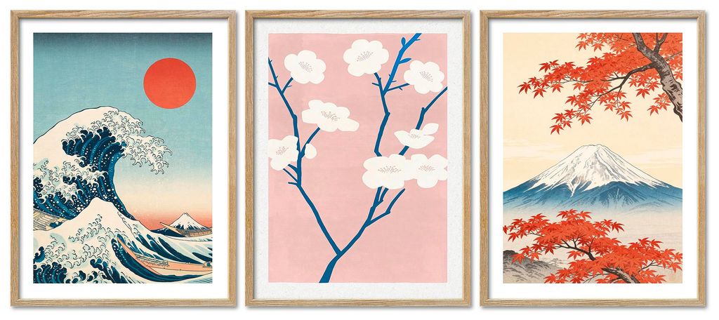 ARTFAVES Poster Set - Art Gallery Japan Trio I mehrteilige Bilderwand für Wohnzimmer, Schlafzimmer I Wandbilder Kanagawa I mit Rahmen Eiche-Optik