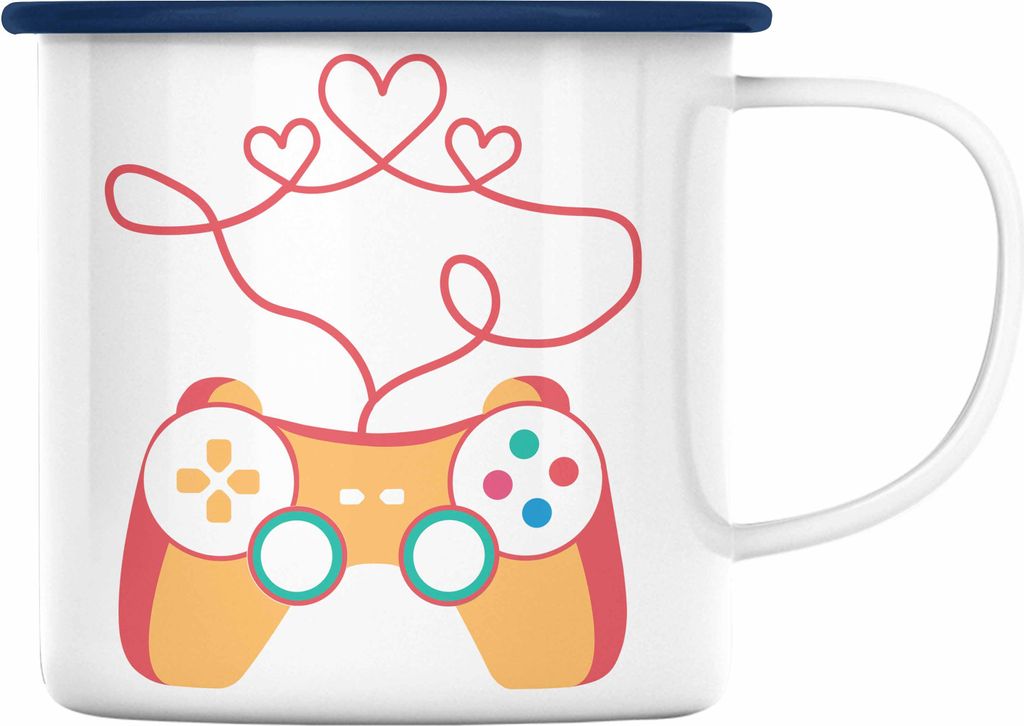 Trendation - Gamer Geschenk Valentinstag Geschenkidee Emaille Tasse Freund Freundin Liebe Herz (Blau)