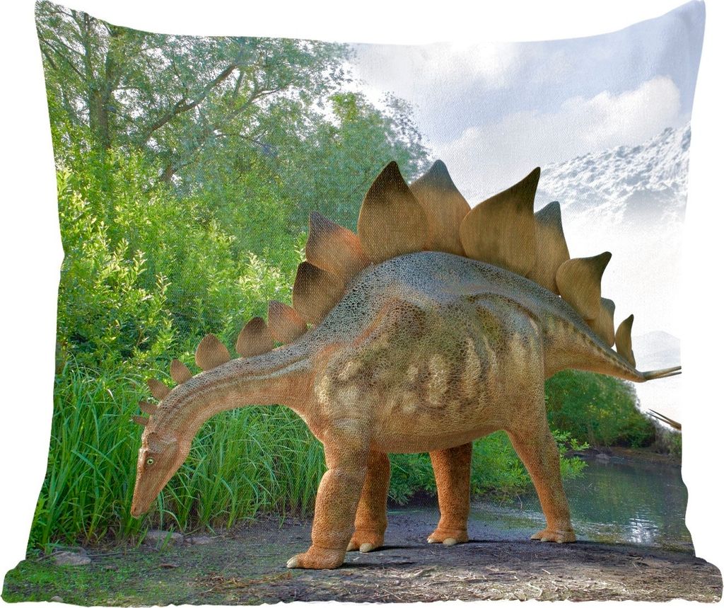 MuchoWow Zierkissen Sofakissen Wohnzimmer Dekokissen 40x40 cm Dinosaurier - Berg - Wald - Illustration - Jungen - Kinder - Kleiner Junge - Foto K...