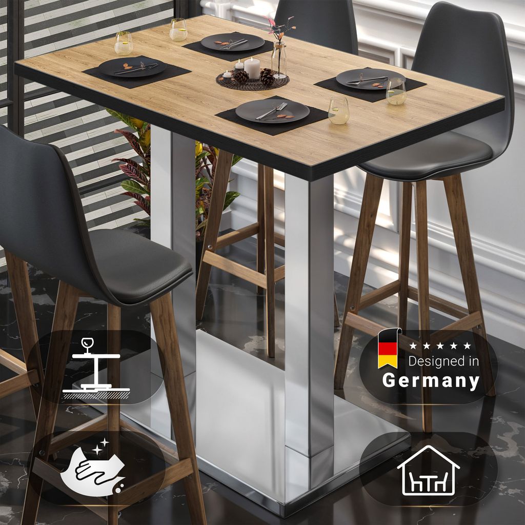 BM | Bistro Stehtisch | 110 x 60 x 108 cm | Rechteckig | Schwarzer Rand | Eiche / Edelstahl | Gastro Steh Tisch Restaurant