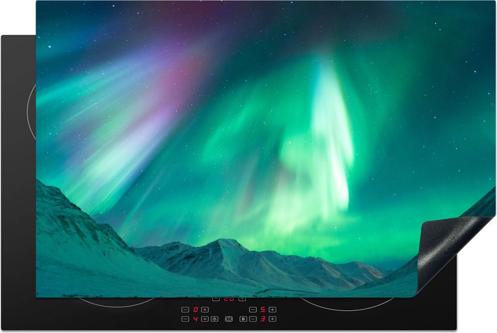 KitchenYeah Herdabdeckplatte Nordlichter - Berg - Schnee , 80x52cm, Küche Deko, Glaskeramikkochfeld Herdabdeckung, Abdeckplatte fùr Kochfeld
