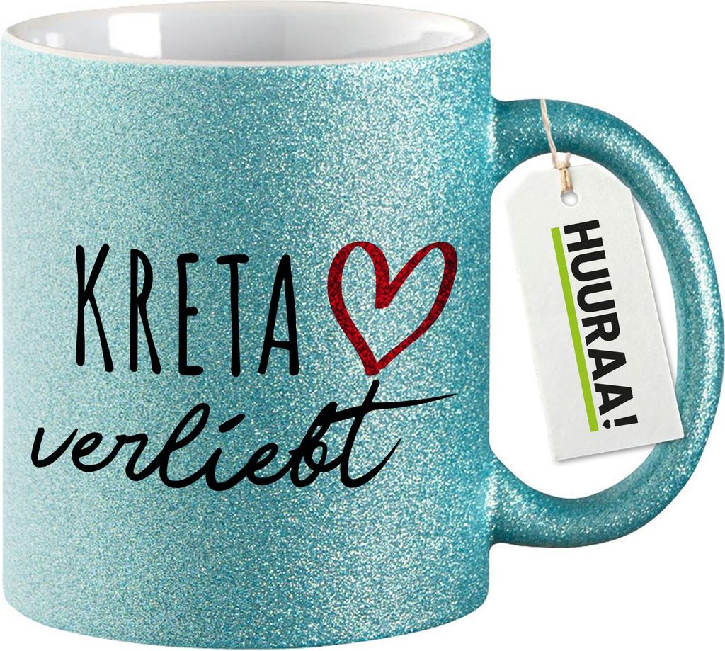Huuraa Glitzertasse Kreta verliebt 330ml Blau Keramik Kaffeebecher Geschenkidee