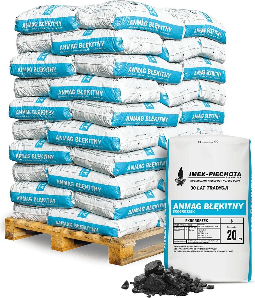 A pallet stacked with bags of coal, with a single bag and some loose coal in the foreground.