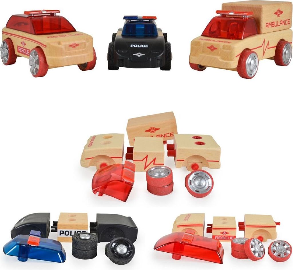 Moni Spielzeug Holzautos Einsatzwagen 3er Set Mini 53106, ab 3 Jahre geeignet bunt