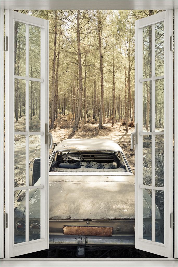 Wallario Poster mit Fenster-Illusion: Verrosteter Oldtimer im Wald, Größe: 100 x 150 cm