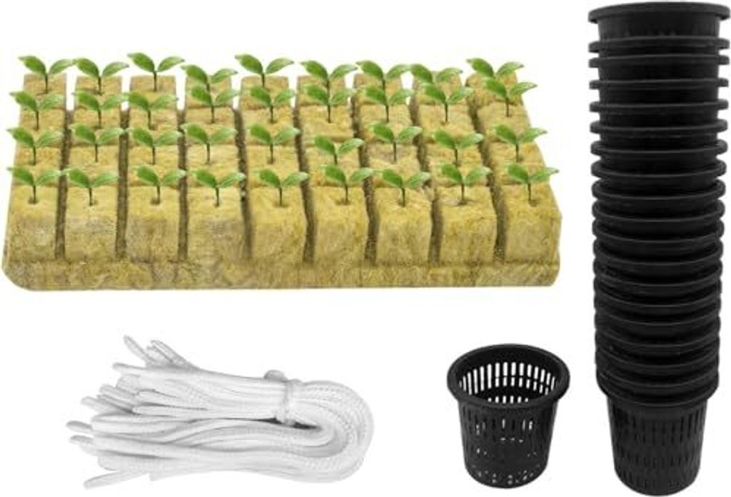 Pack 76 Hydroponics Plant Net Kit - 20 Stücke 2 Zoll (5 cm) Pot Cups Slotted Net, 36 Felswolle kultiviert, Gegenstände selbstbewusste Dochtkabel ...