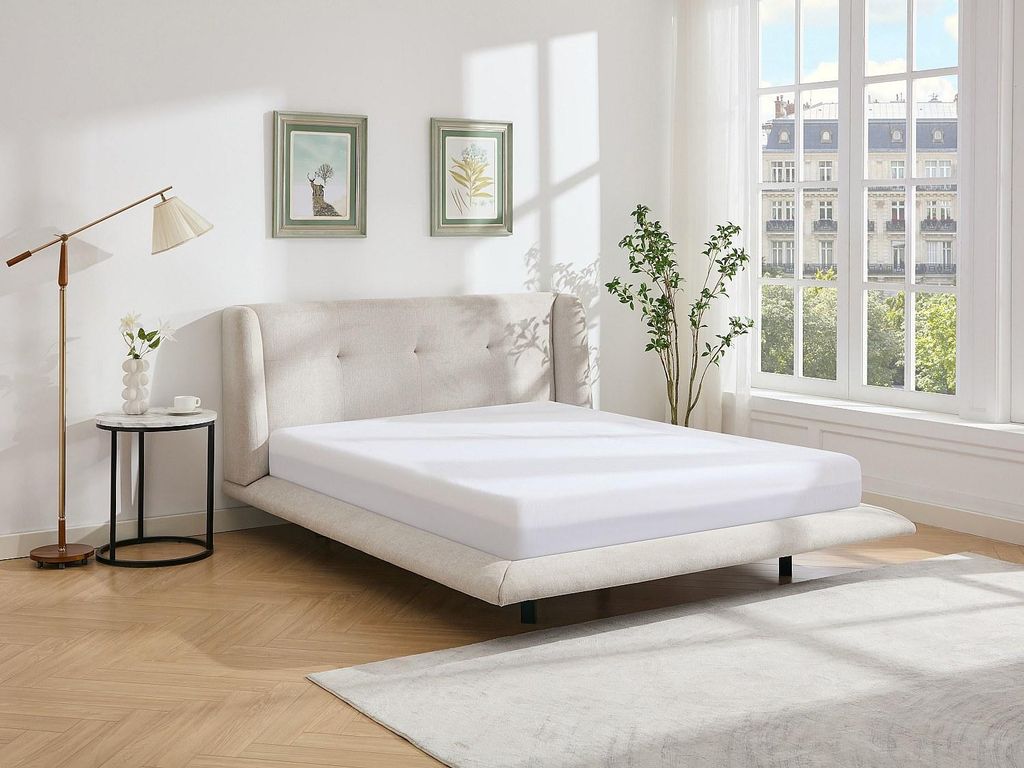 Bett 140 x 190 cm mit gestepptem Kopfteil - Stoff - Beige - PENAVI