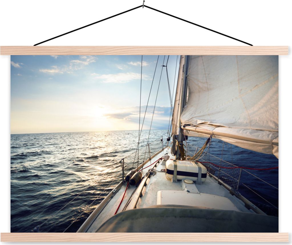 MuchoWow Textilposter Meer - Segelboot - Sonne 120x80 cm mit holzfarbenen Rahmen - Aufhängeset