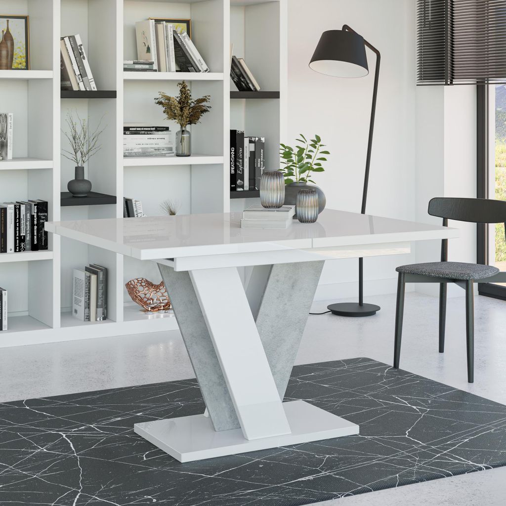 Esstisch Ausziehbar 120-160 cm für 6 Personen Nevi – Weiß Hochglanz & Betonoptik