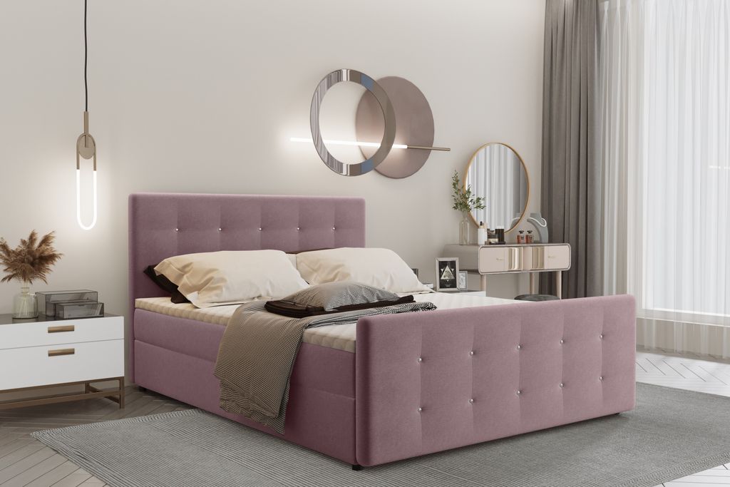 Kaiser Möbel Boxspringbett 180x200 mit bettkasten und matratze+topper, Schlafzimmerbett AMOR Rosa
