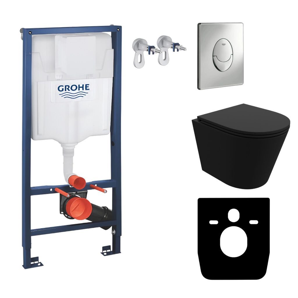 GROHE Vorwandelement Solido Start + Wand Hänge WC Galve Schwarz Spülrandlos + WC-Sitz SoftClose | Verchromter Knopf | Komplettset | Unterputz Sp...