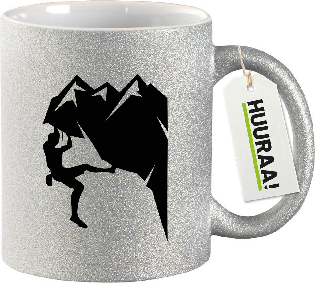Huuraa Glitzertasse Klettern Silhouette 330ml Silber Keramik Kaffeebecher Geschenkidee