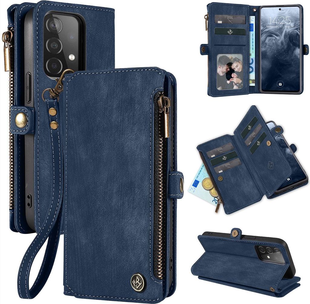 A collage of images showing a blue wallet-style phone case for a Samsung Galaxy A52 series phone, with various angles and features displayed.