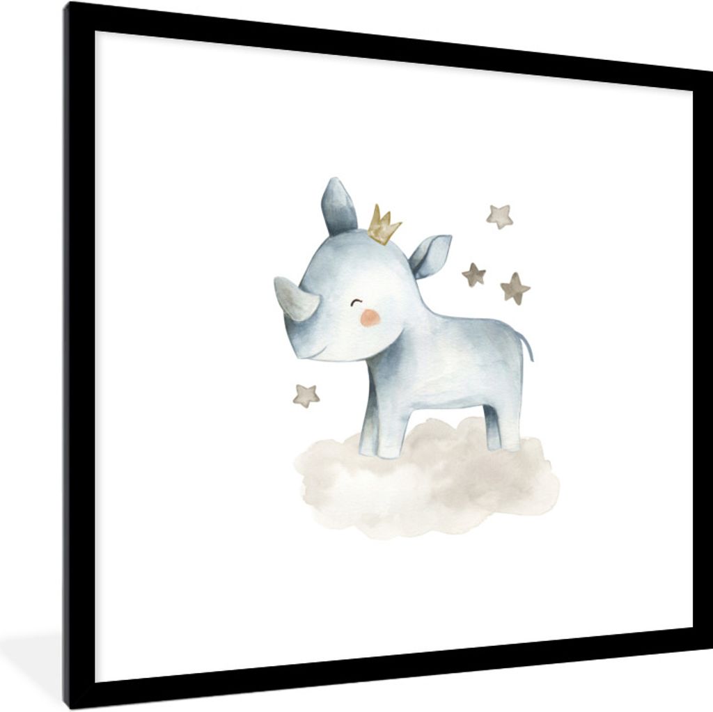 MuchoWow Gerahmtes Poster Rhinozeros - Sterne - Wolke 40x40 cm - Poster mit Schwarzem Bilderrahmen Wandposter Rahmen Foto Bilder - Poster - Plaka...