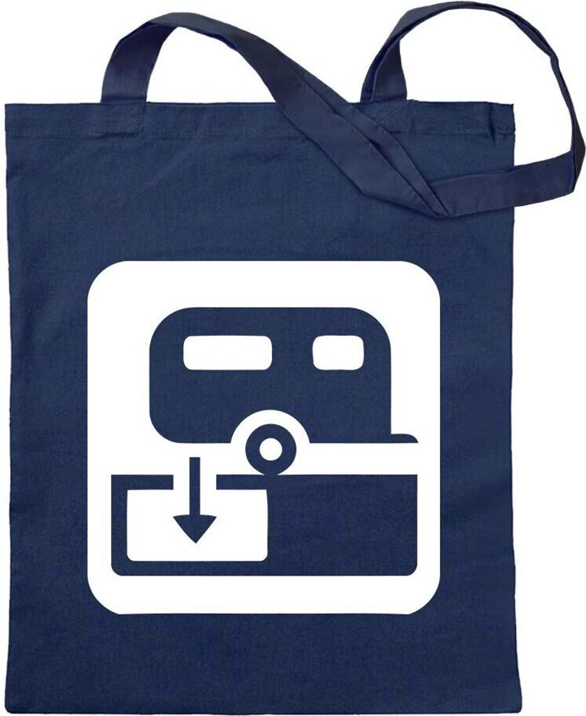 Kiwistar - Baumwolltasche - dunkelblau - Wohnwagen entleeren Piktogramme - Tragetasche Stoffbeutel Umhängetasche Langer Henkel