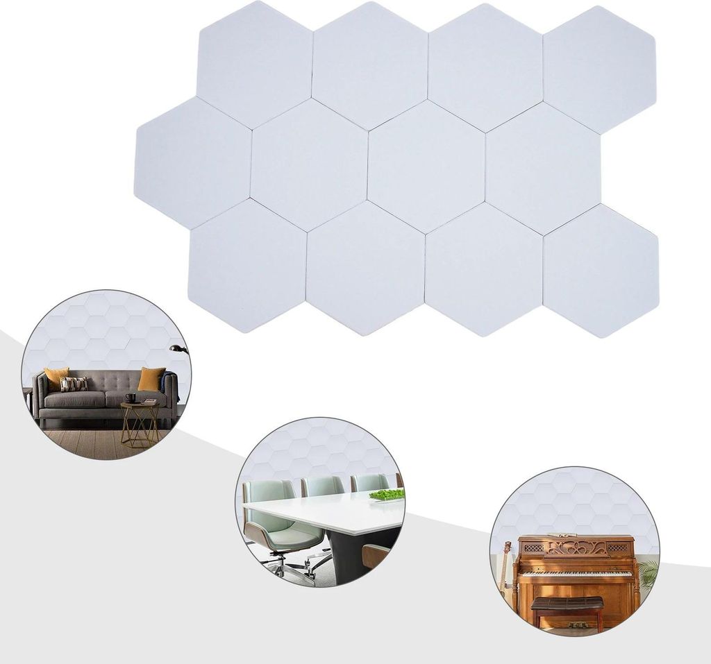 Akustikpaneel-Set - Schallabsorbierende sechseckige Polyesterfaser-Paneele - 12 Stück - 30×35 cm - 0,9 cm Stärke - Verzahntes Design - Weiß