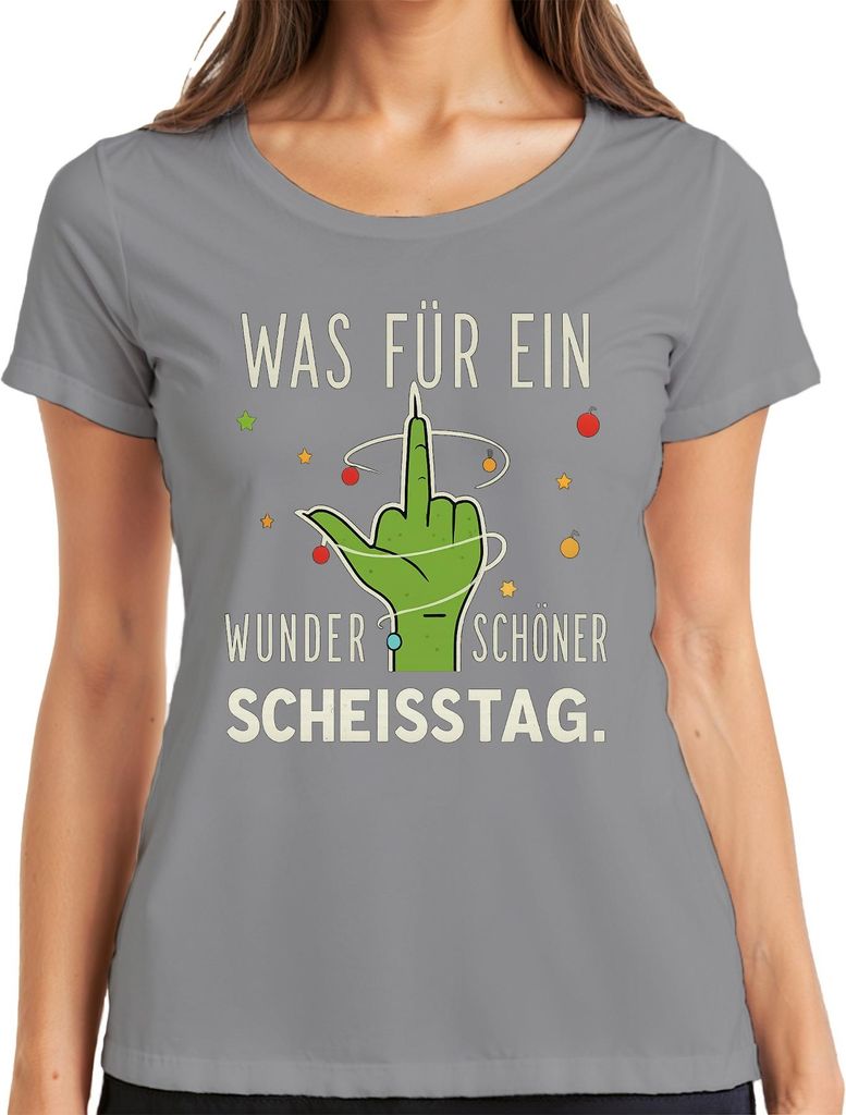 WAS FÜR EIN WUNDERSCHÖNER SCHEISSTAG grüner Mittelfinger frech Damen T-Shirt, Grau, 3XL