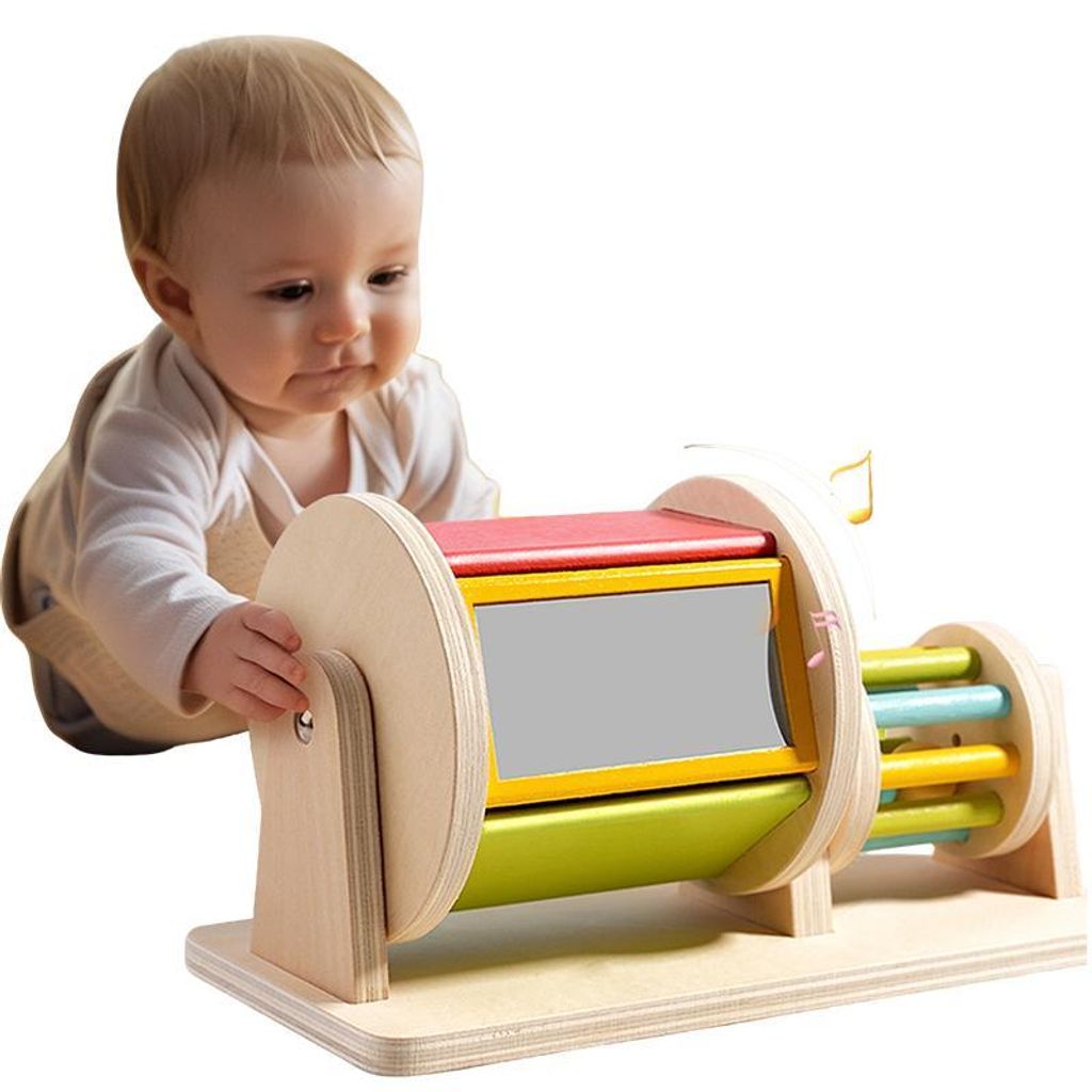Montessori Holz Textil-Trommel 2-in-1, Baby Farb-Erkennung, Produktbild 