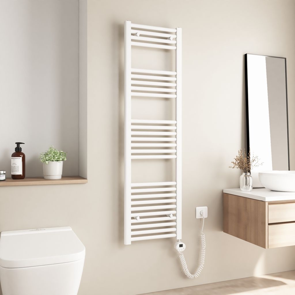 Heilmetz Heizkörper Elektrisch 140 x 40 cm Weiß Gerade Rundrohre Badheizkörper Elektrisches mit Timing Heizstab Handtuchtrockner Ohne heizstab