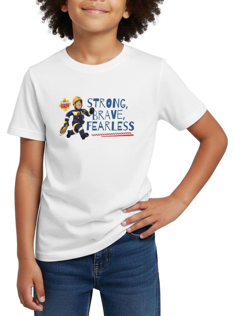 Spreadshirt Feuerwehrmann Sam Strong, Brave, Fearless Kinder T-Shirt, 110/116 (5-6 Jahre), Weiß