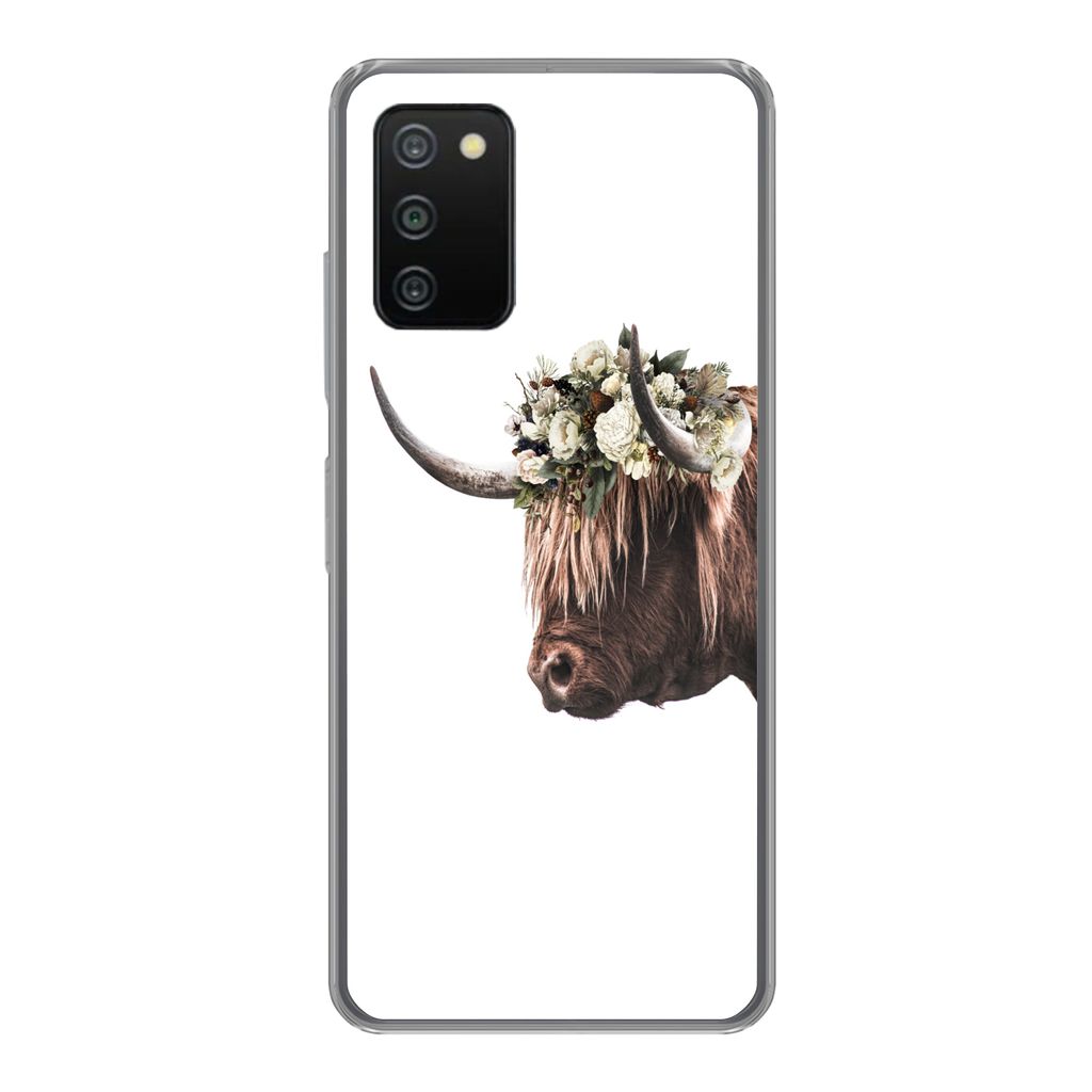 MuchoWow Handyhülle Schutzhülle Hülle für Samsung Galaxy A03s Schottischer Highlander - Kuh - Rosen Silikon Softcase Handy Hülle - Schutz