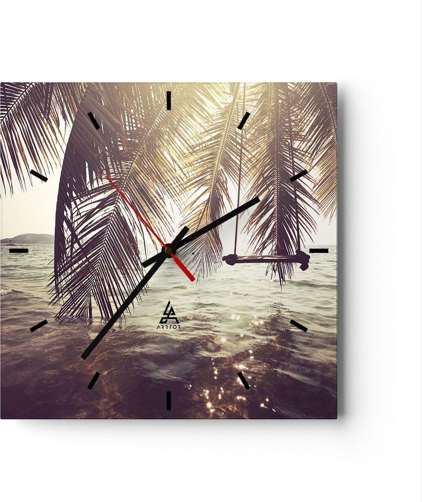 Wanduhr - Quadrat - Glasuhr - Meer Palme Wasser - 30x30cm - Produktbild 
