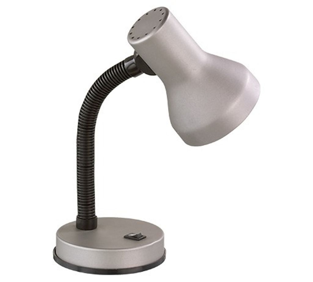 A gray desk lamp with a flexible black gooseneck and a black switch on its base, isolated on a white background.