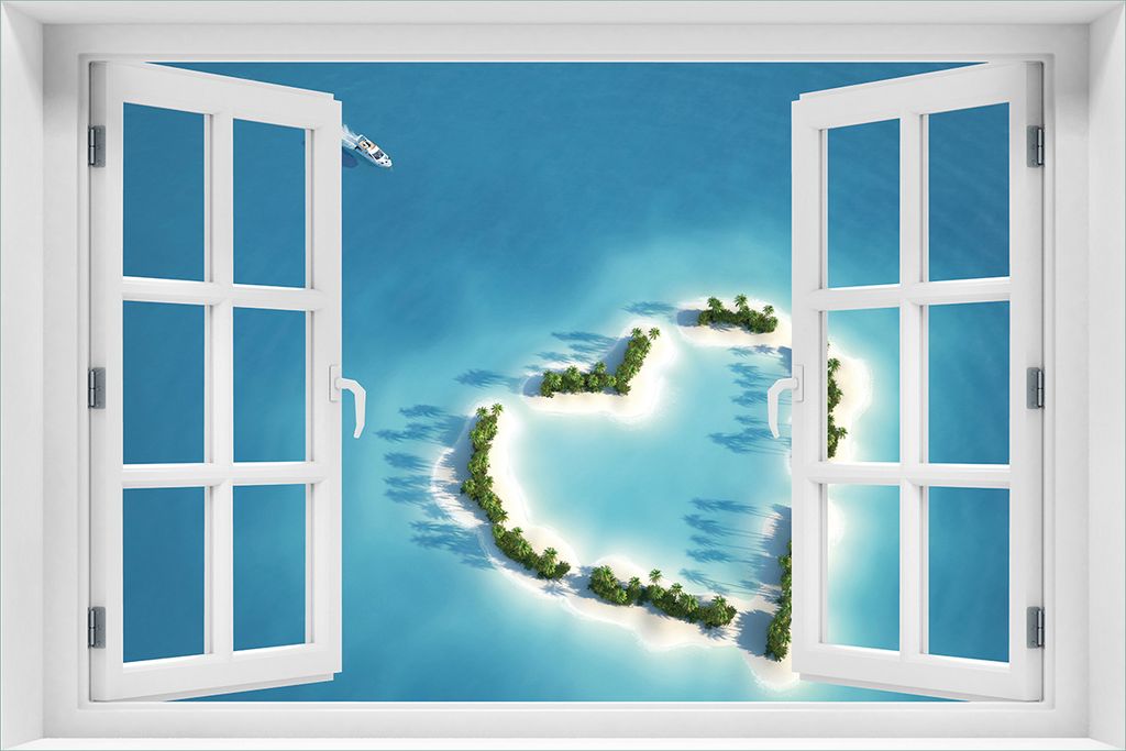 Wallario Poster mit Fenster-Illusion: Insel mit Herz, Größe: 61 x 91,5 cm (Maxiposter)