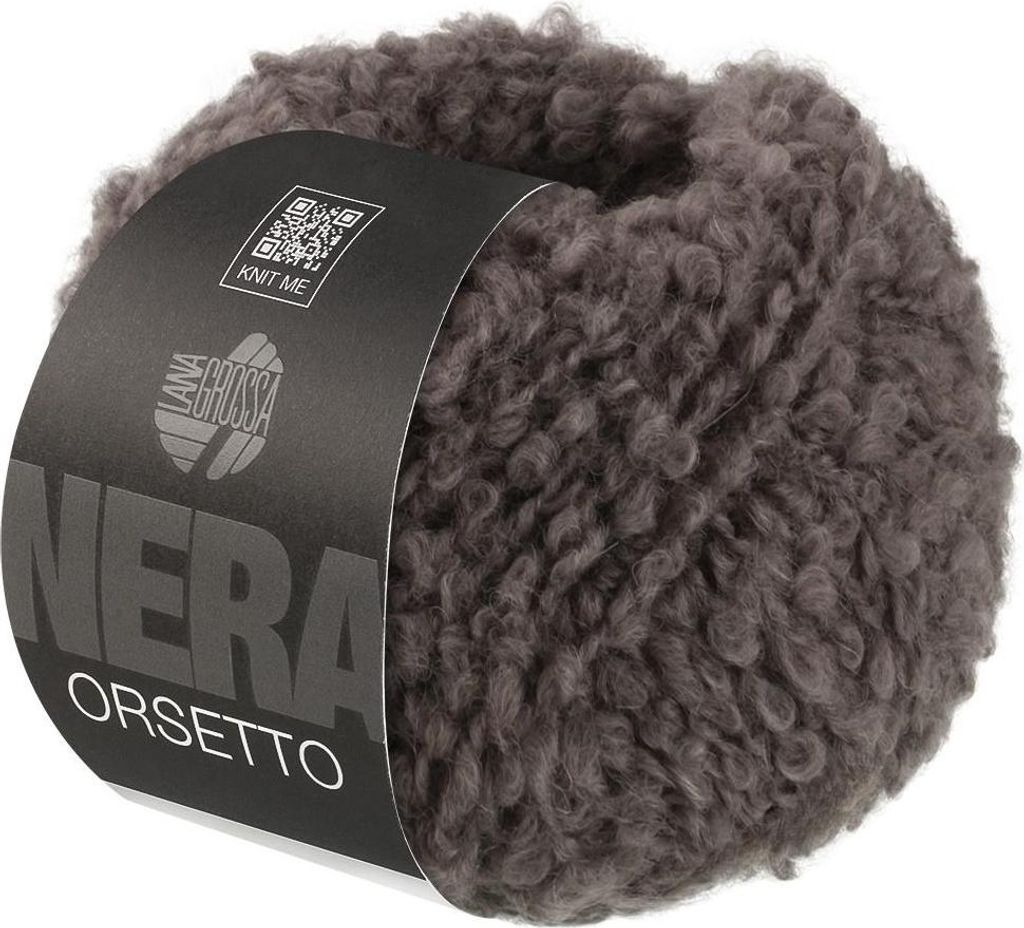 A ball of textured gray-brown yarn with a black label.