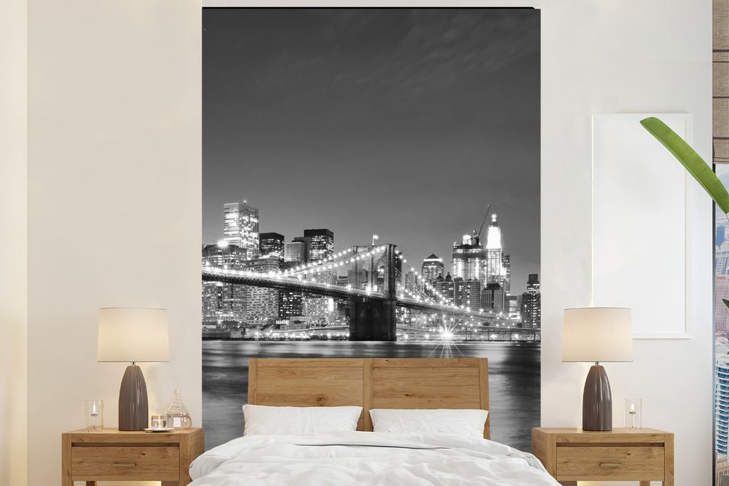 MuchoWow Fototapete für Wohnzimmer oder Schlafzimmer Wandtapete Vinyl Motivtapete New York - Brücke - Brooklyn - Schwarz und weiß - Architektu...