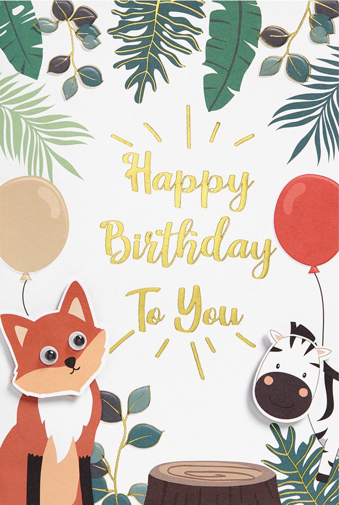 Geburtstag Karte mit Umschlag, Fuchs Zebra Luftballons Kindergeburtstag Happy Birthday
