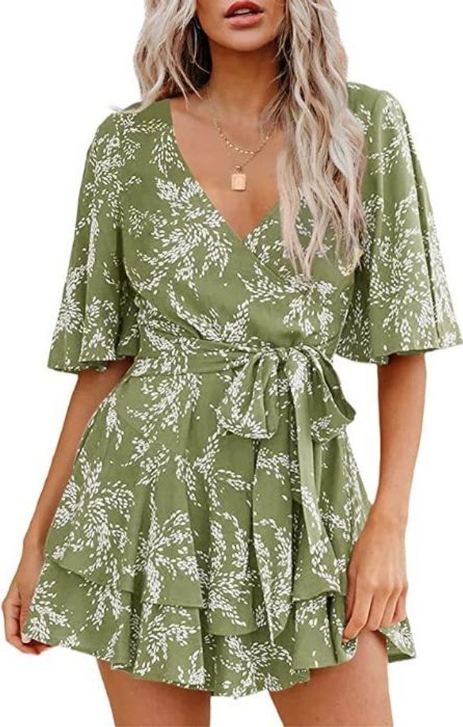 Amazons heißester Damen-Overall mit Blumenmuster, V-Ausschnitt, Glockenärmeln, Taille, Bindeschicht, Plissee-Kleid, Overall, XL, Weinrot.