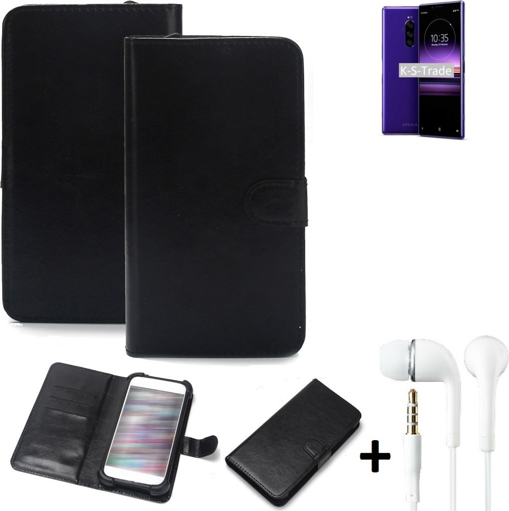 K-S-Trade Wallet Case Handyhülle kompatibel mit Sony Xperia 1 Schutzhülle Flip cover Flipstyle Tasche Hülle Flipcover Slim Bumper schwarz + in ear
