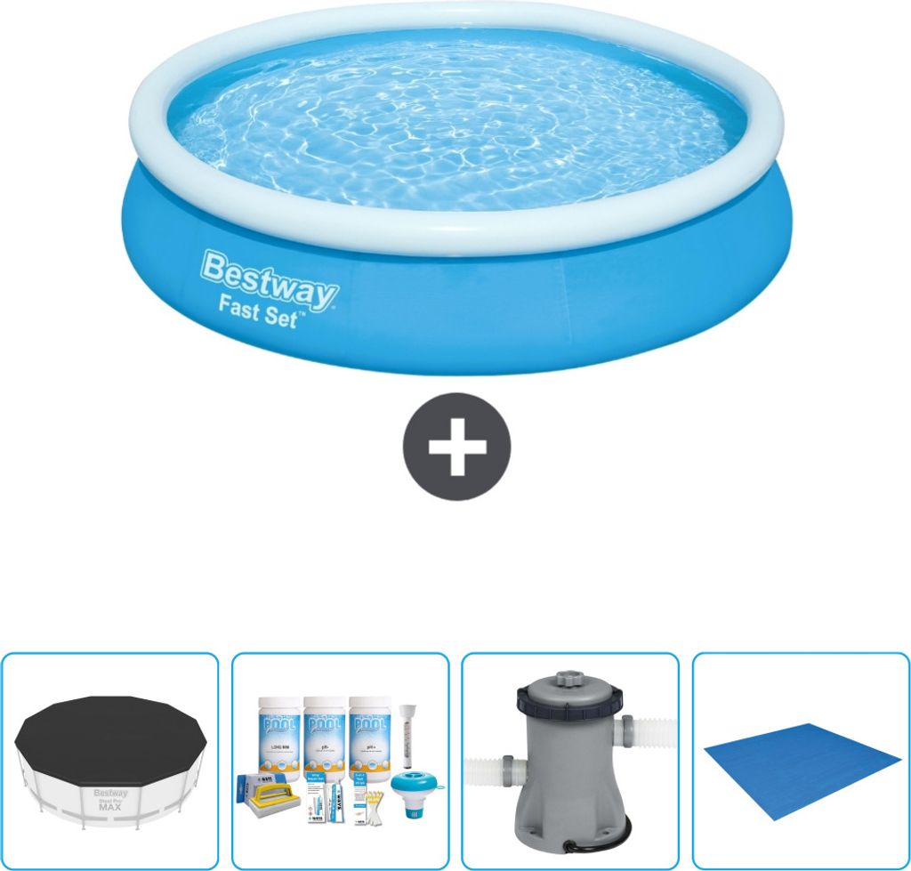 Bestway runder aufblasbarer Fast-Set-Pool – 366 x 76 cm – Blau – im Lieferumfang enthalten Abdeckung - Wartungspaket - Pumpe - Bodenplane