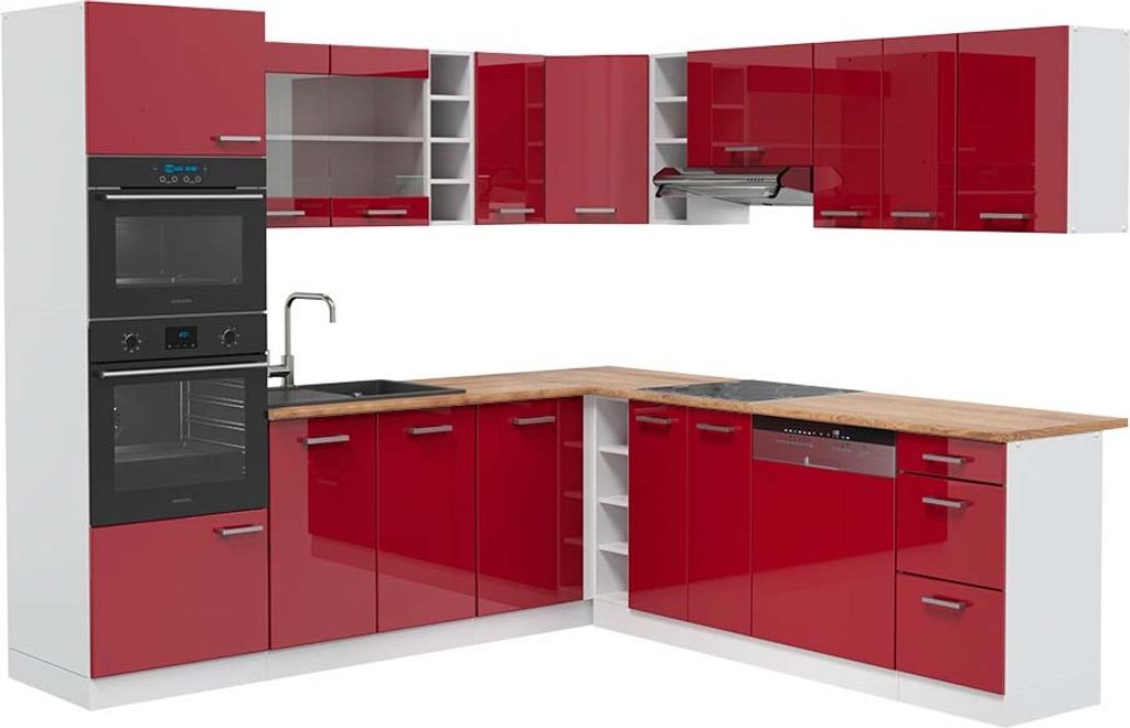 Eckküche Vicco R-Line Rot Hochglanz 247 x 60 cm , AP Eiche, Model 42301
