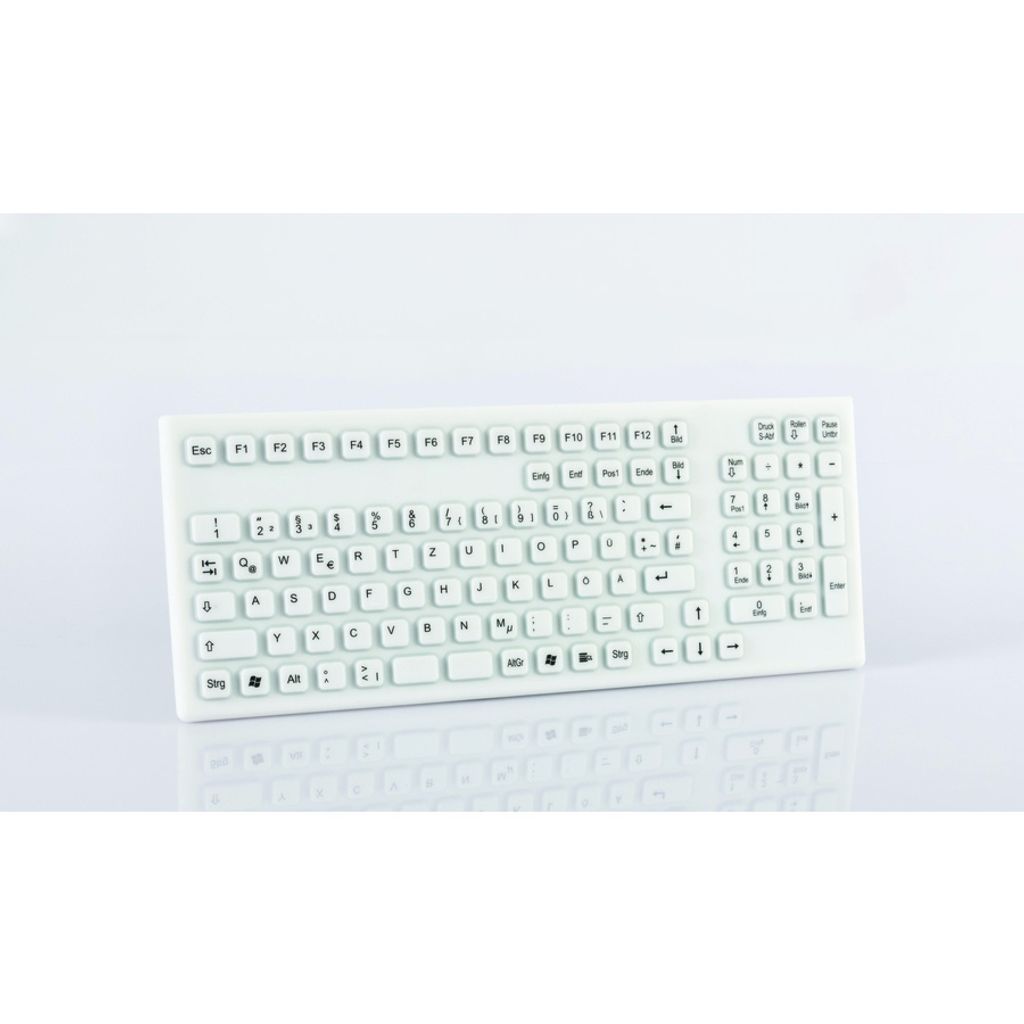 GETT InduProof Smart Classic Silikon Tastatur mit NUM-block 106 Tasten IP68 wasserdicht desinfizierbar USB Farbe: weiss Layout: DE